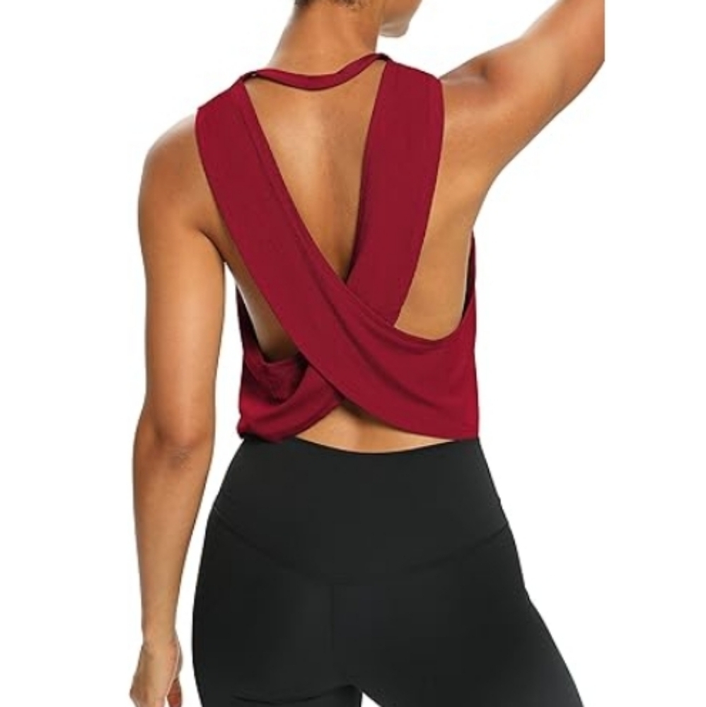 Bestisn Open Back Workout Cropped Loose Fit Ribbed Athletic Top Red - Picture 3 of 6